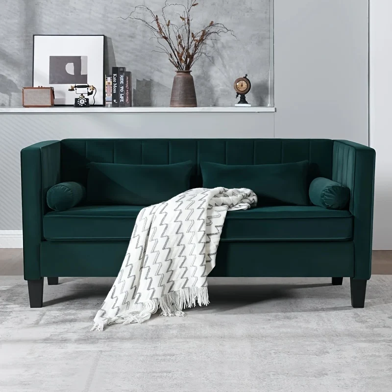Mid-Century Modern 2-Seater Velvet Sofa in Blue/Green