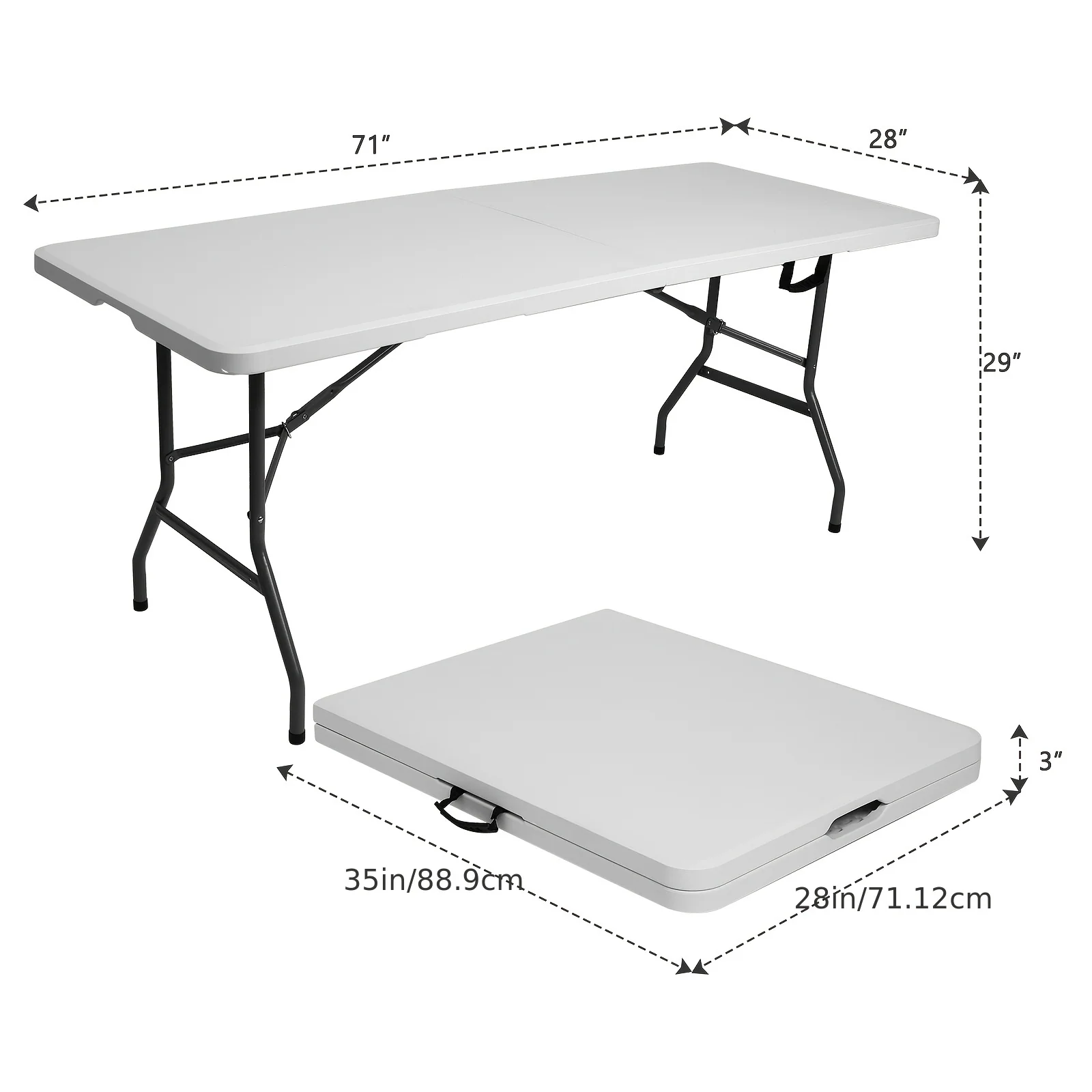 Folding plastic dining table with carrying handle and locking mechanism