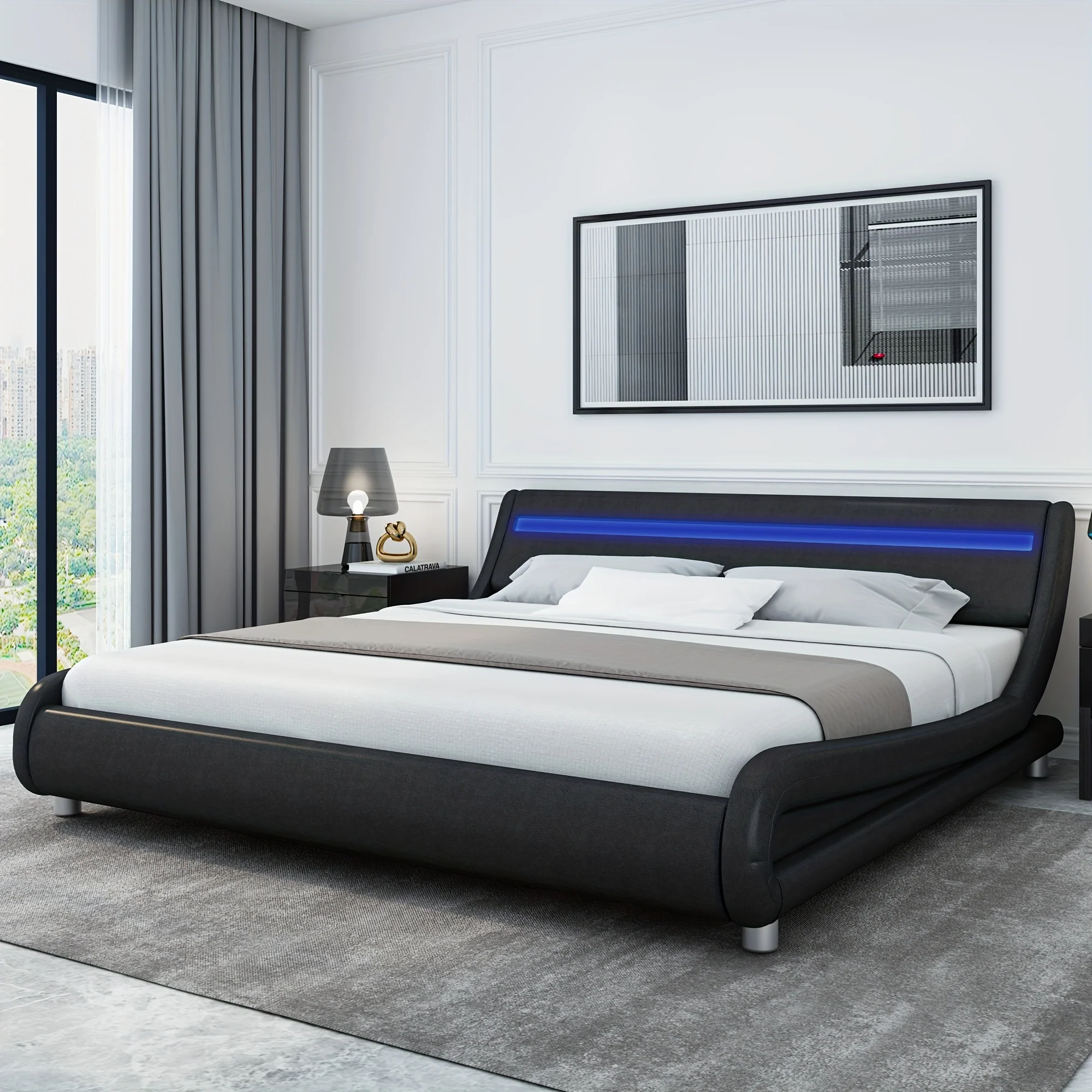 Modern Upholstered LED Bed Frame with Adjustable Faux Leather Wave Headboard