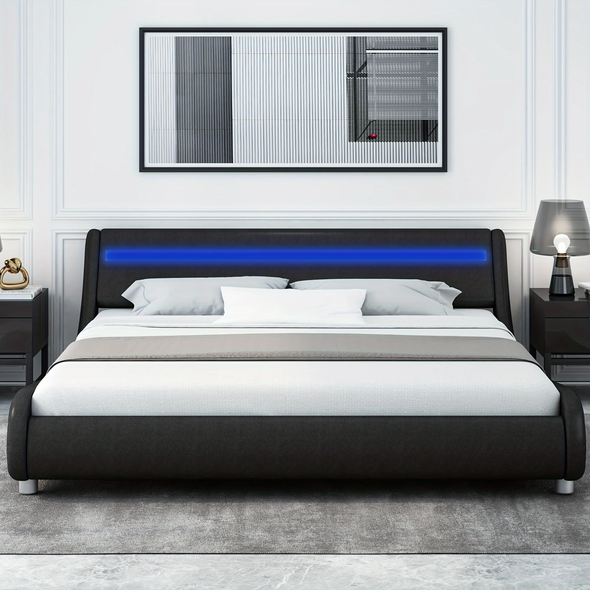 Modern Upholstered LED Bed Frame with Adjustable Faux Leather Wave Headboard
