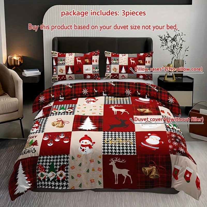 Christmas themed duvet cover and pillowcase set with reindeer and plaid design