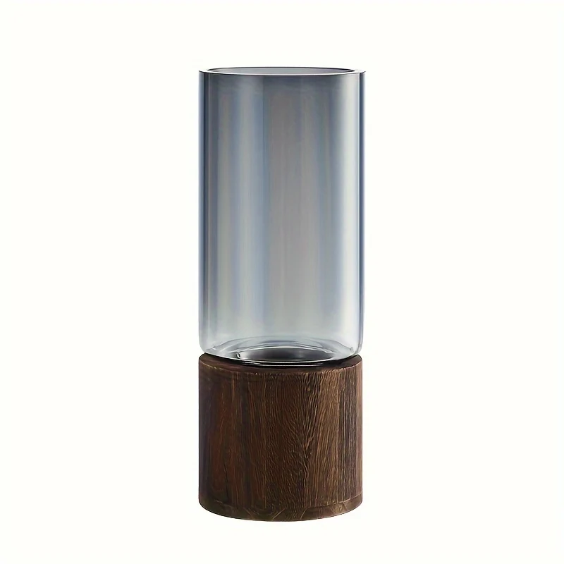 Glass vase with wooden base for tabletop decor
