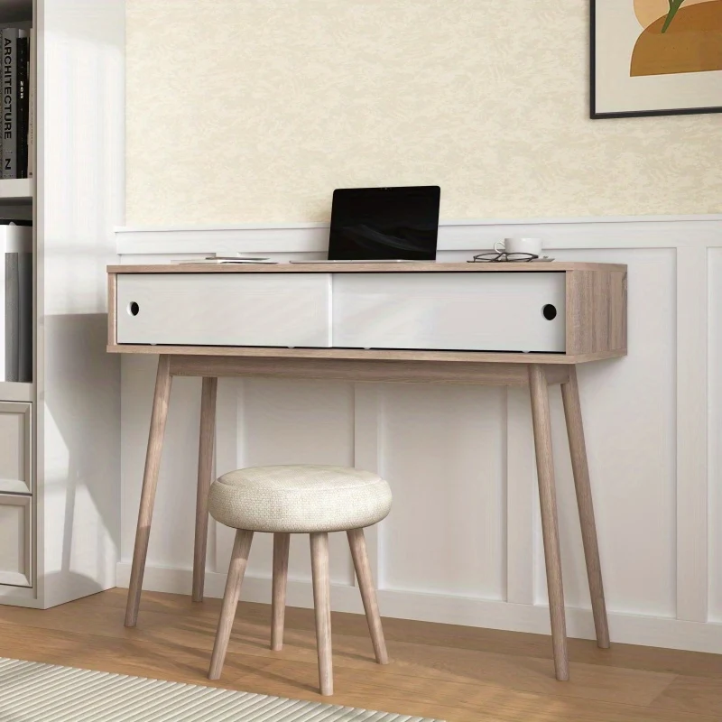 Entryway Console Table with Two White Sliding Doors, Wood Legs – Storage Piece for Hallway or Living Room (Natural Finish)