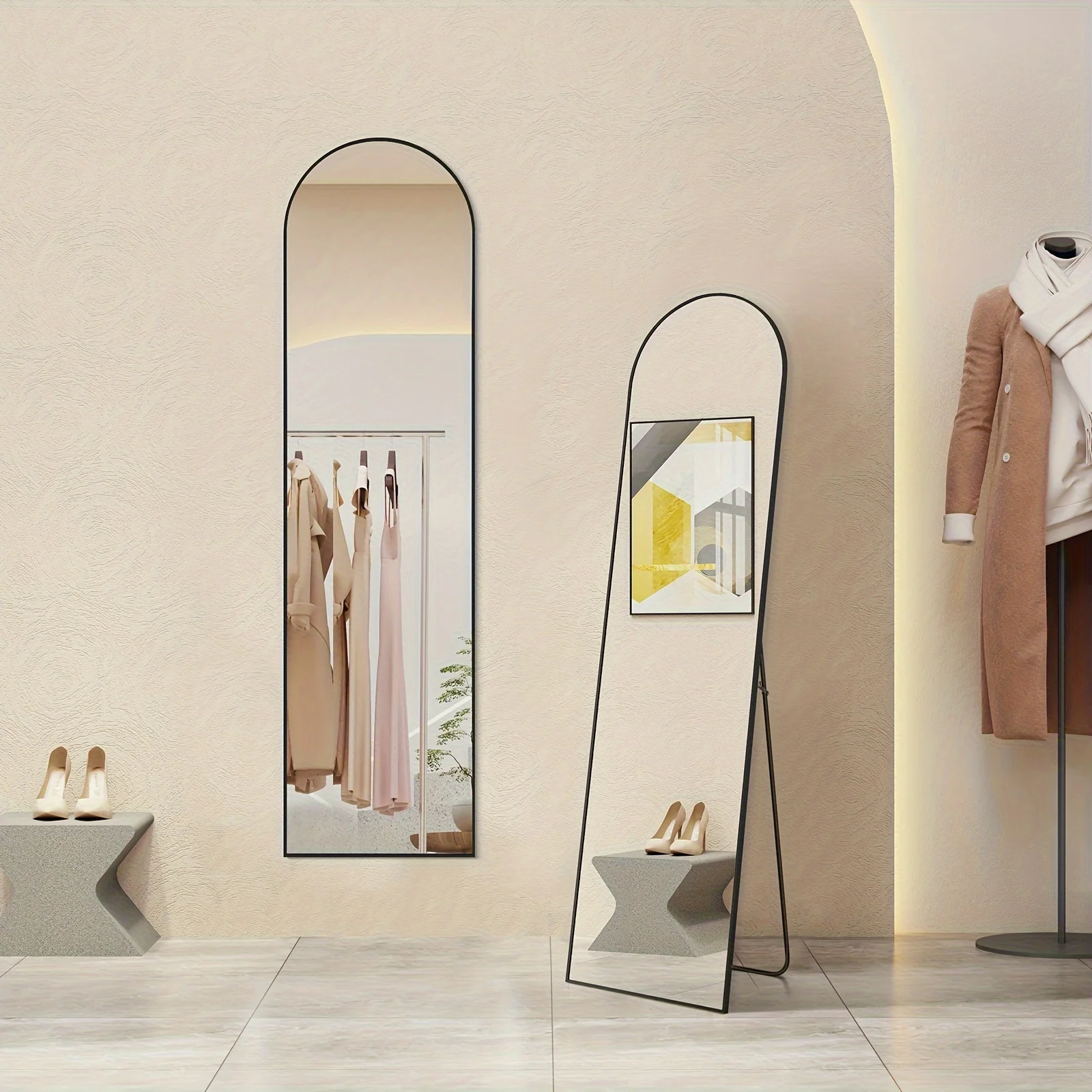 Large arched floor mirror with shatterproof frame