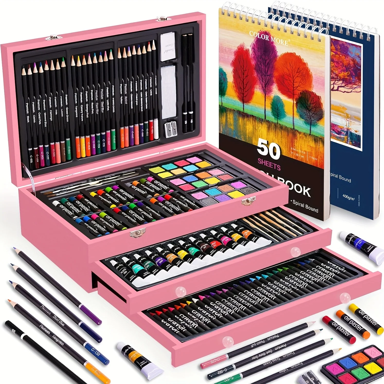 175-piece art supplies kit with drawing pads and wooden case
