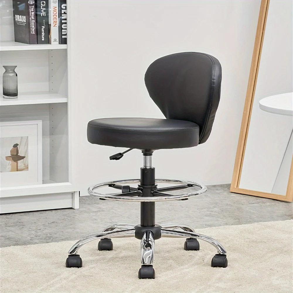 Black Drafting Chair with Adjustable Footrest, Swivel Base, Wheels and Thick Seat Cushion – Multi‑Purpose Office, Bar, Kitchen, Shop