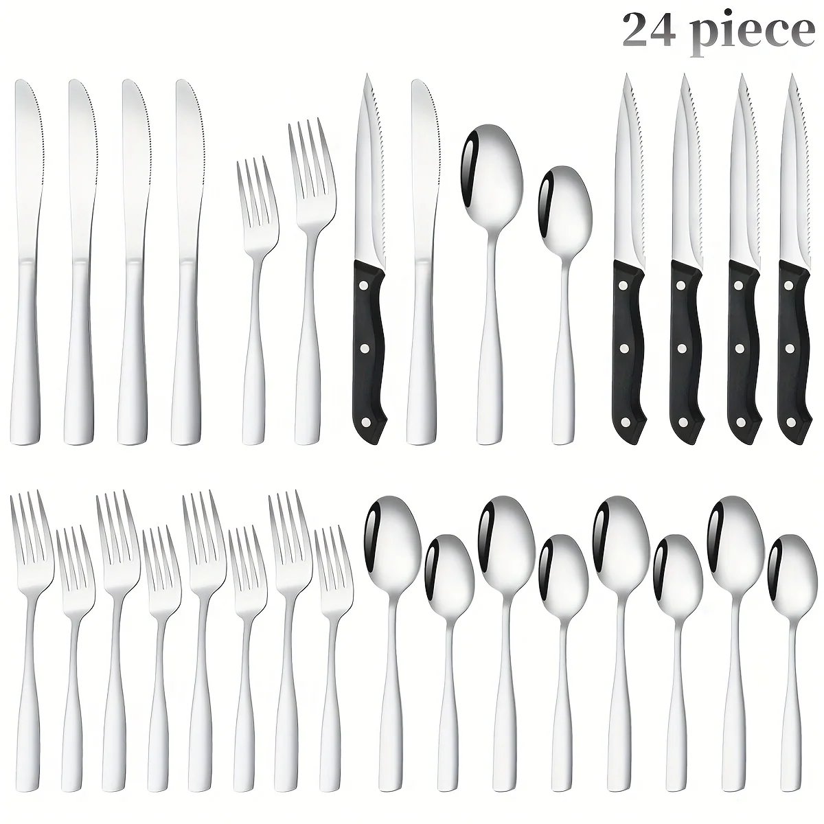 24‑Piece Black Stainless Steel Flatware Set – Mirror‑Polished Cutlery for 8, Dishwasher Safe, Gift Box Included