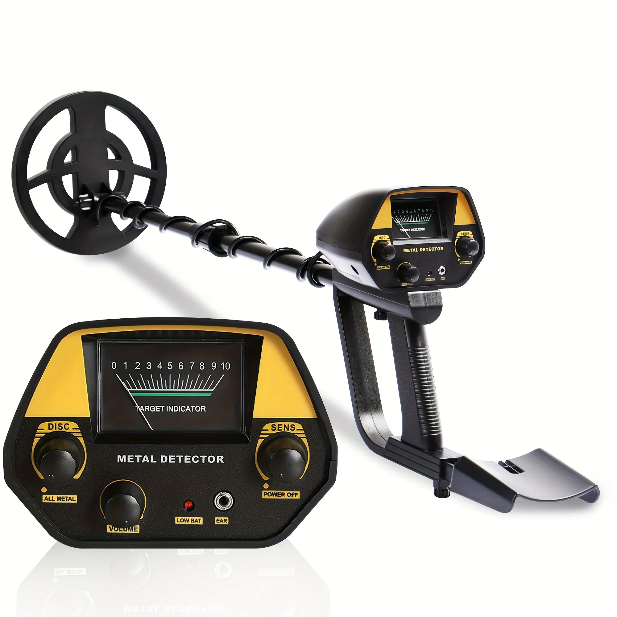 Handheld metal detector with 7.8-inch search coil – adjustable sensitivity