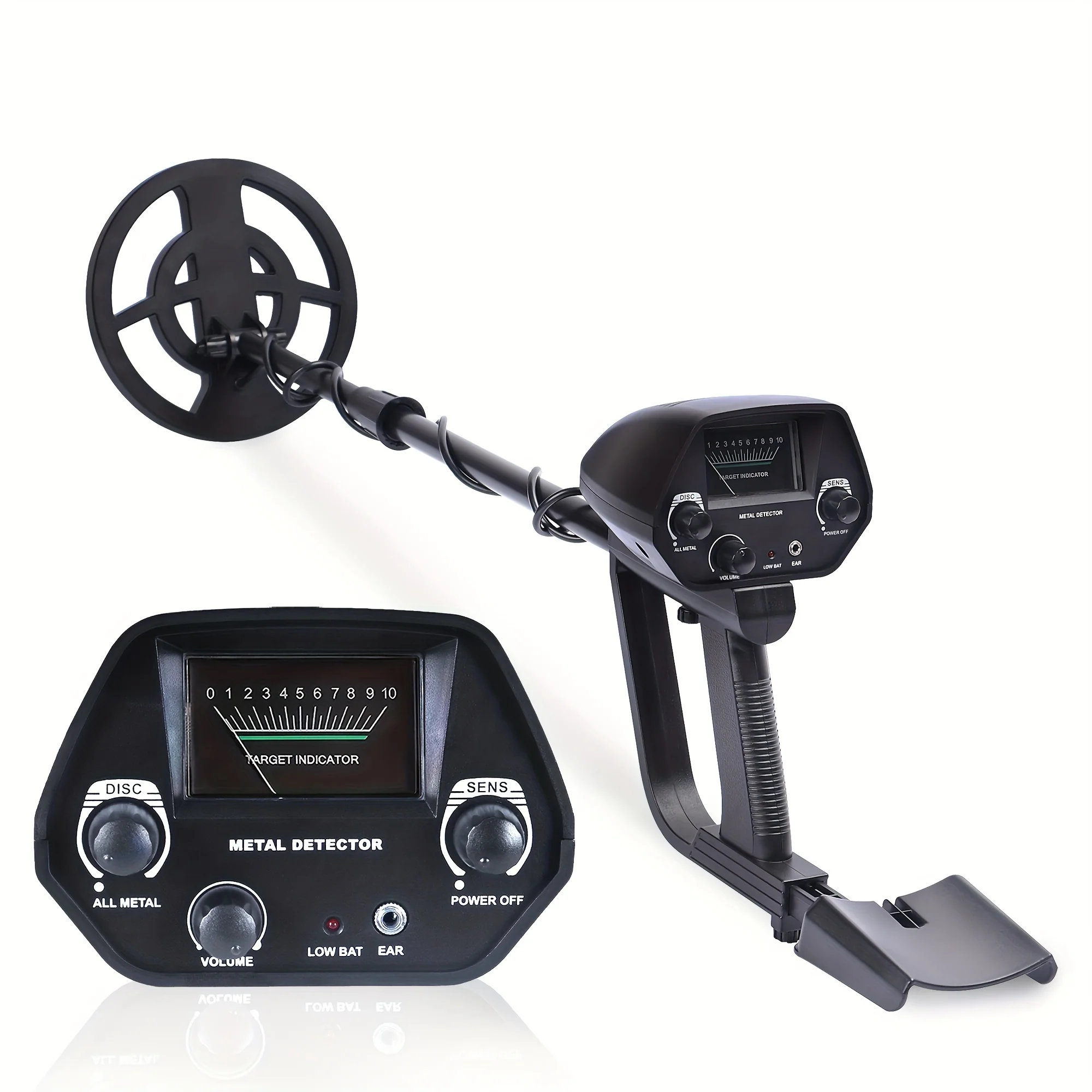 Handheld metal detector with 7.8-inch search coil – adjustable sensitivity