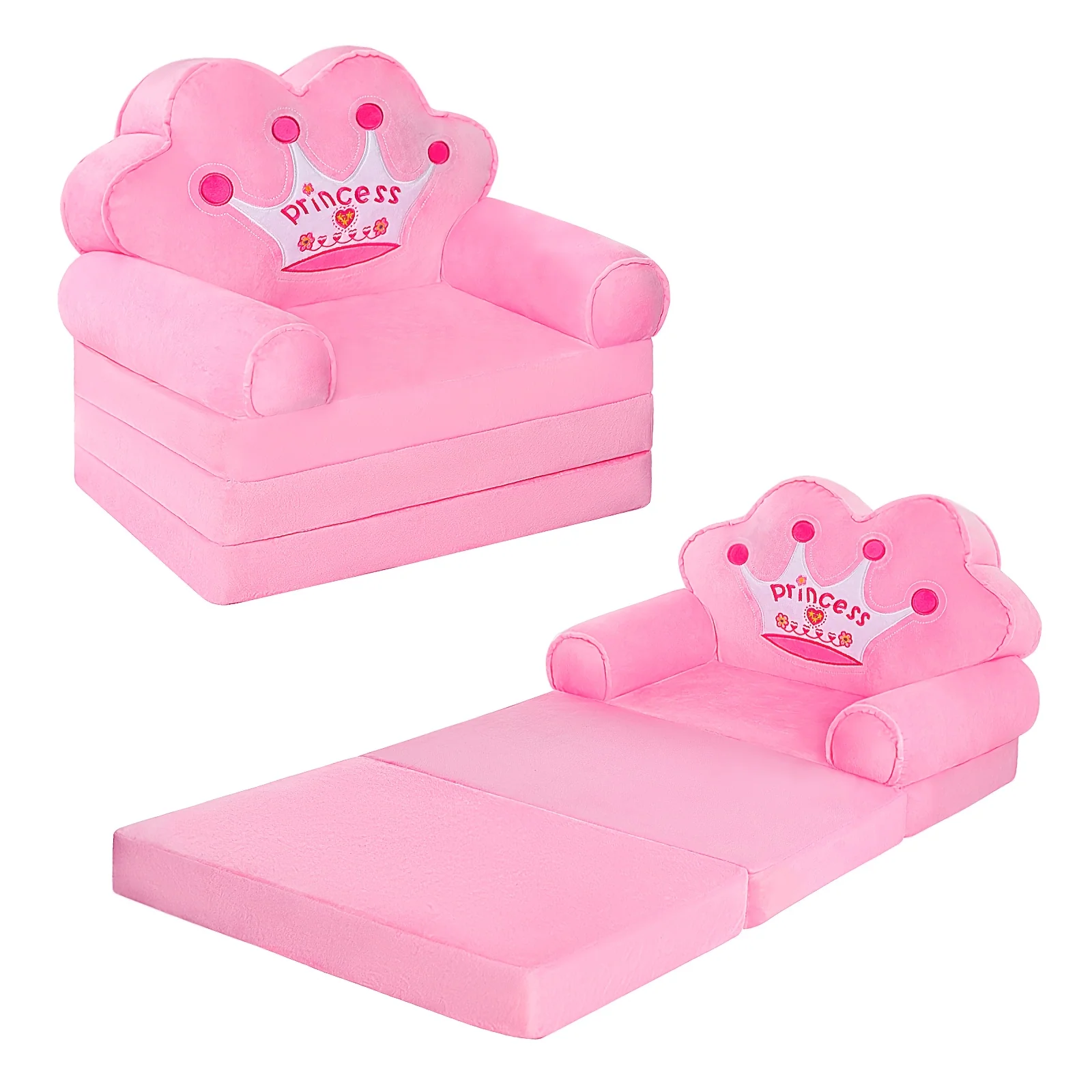 Pink 2-in-1 kids sofa and lounger with flip-open mechanism