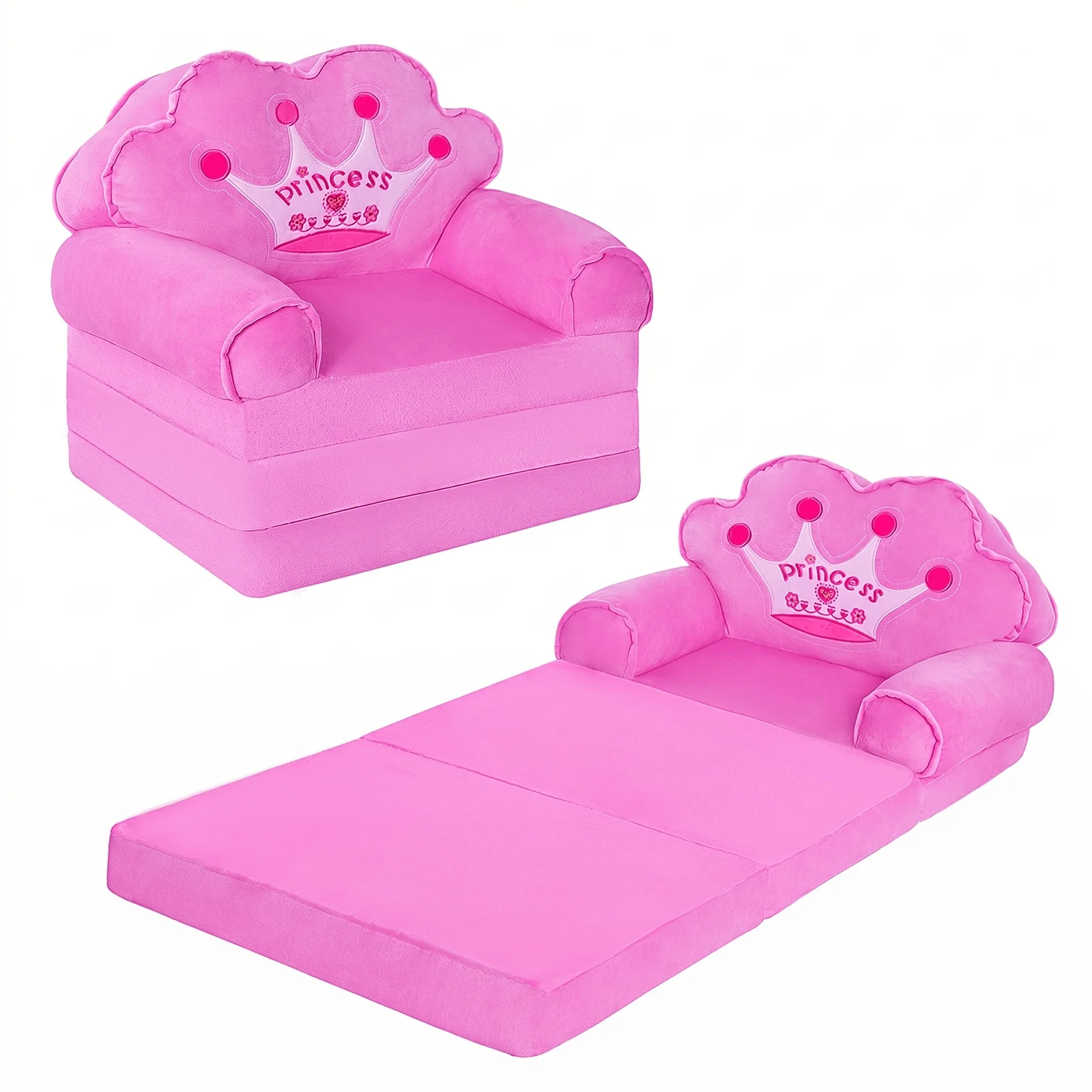 Pink 2-in-1 kids sofa and lounger with flip-open mechanism
