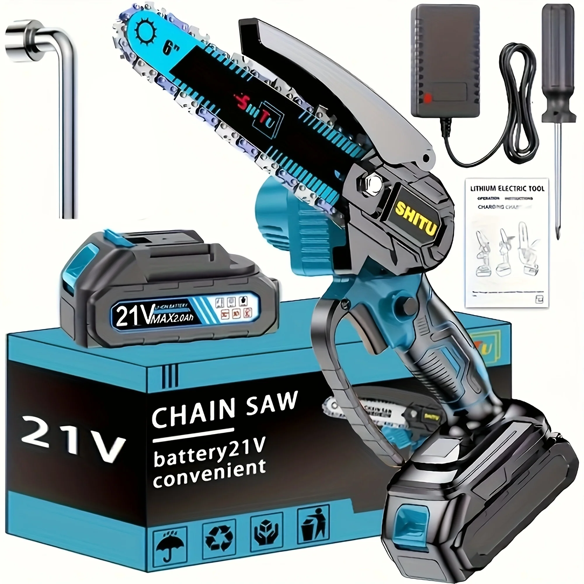 Lightweight cordless mini chainsaw with splash guard and safety lock