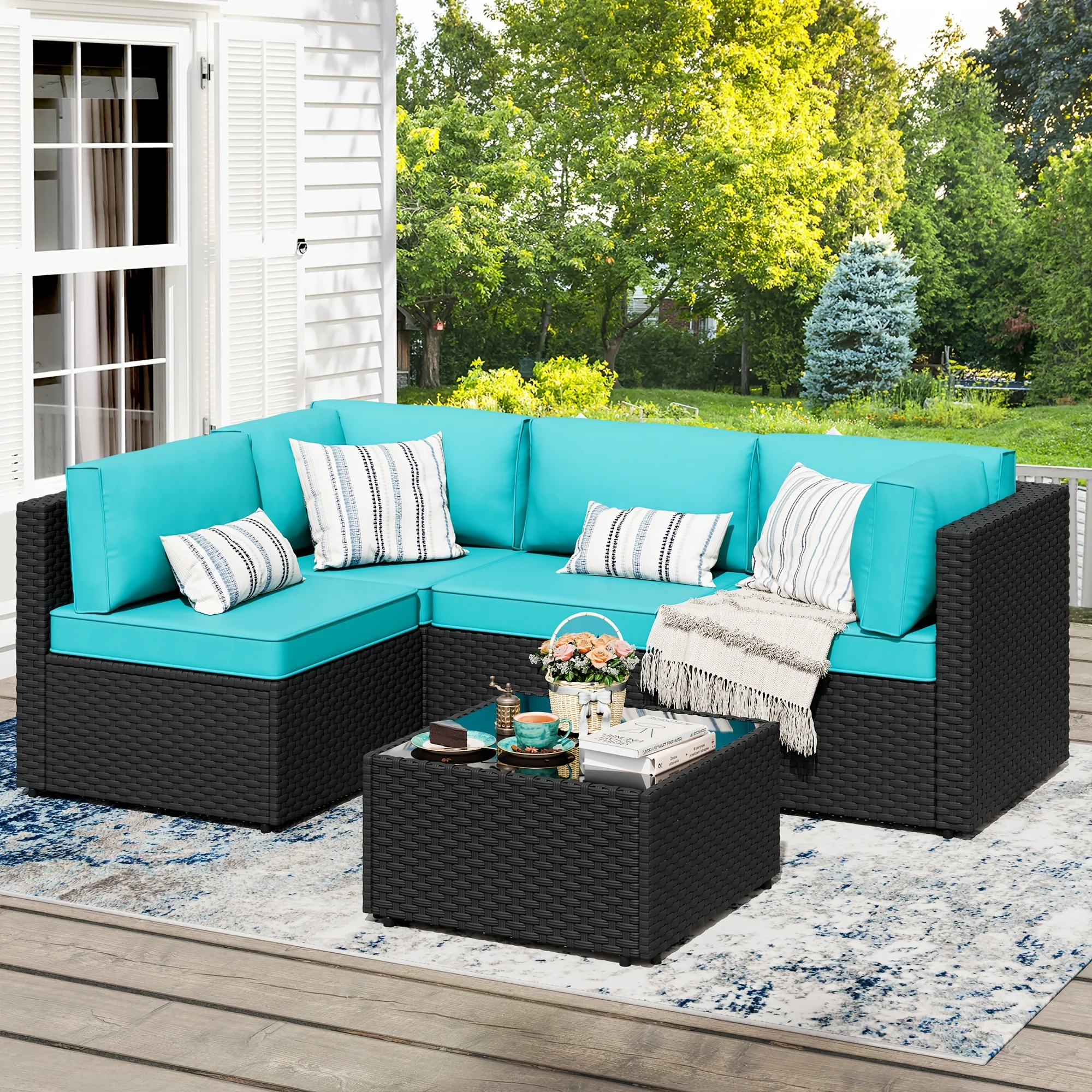 5-piece outdoor patio sectional sofa set with tempered glass table