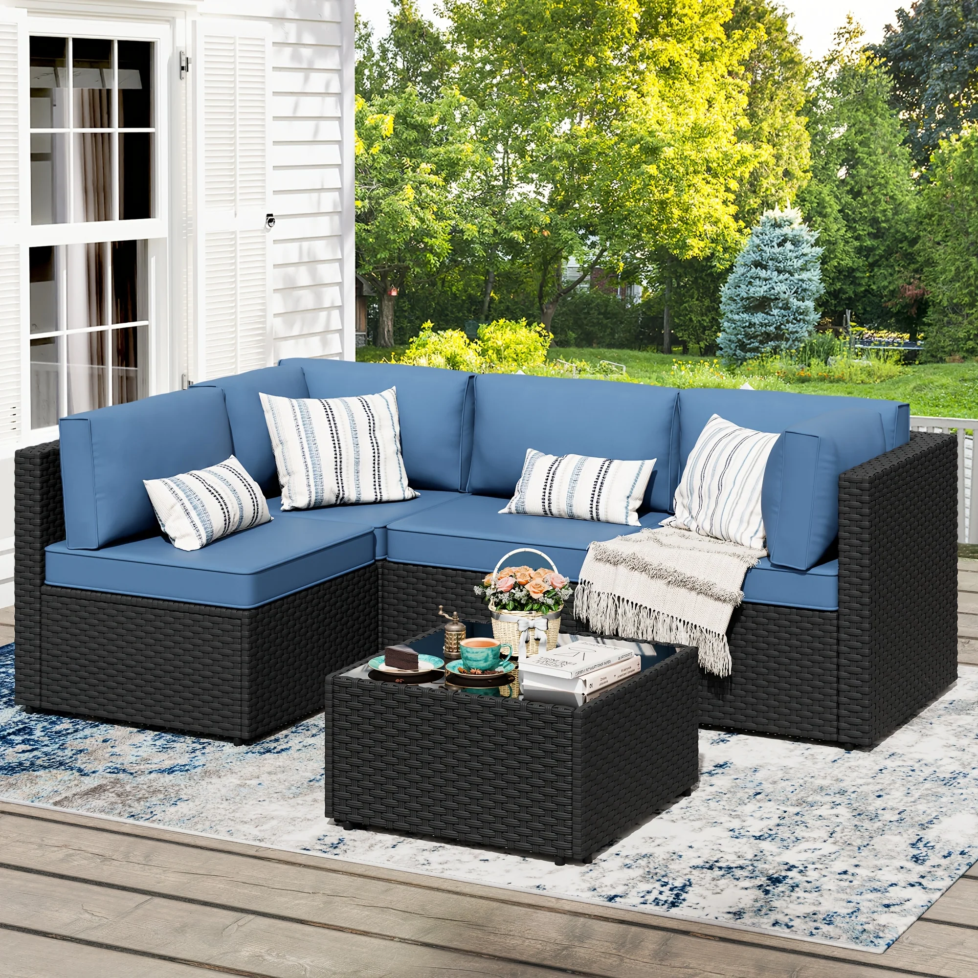 5-piece outdoor patio sectional sofa set with tempered glass table