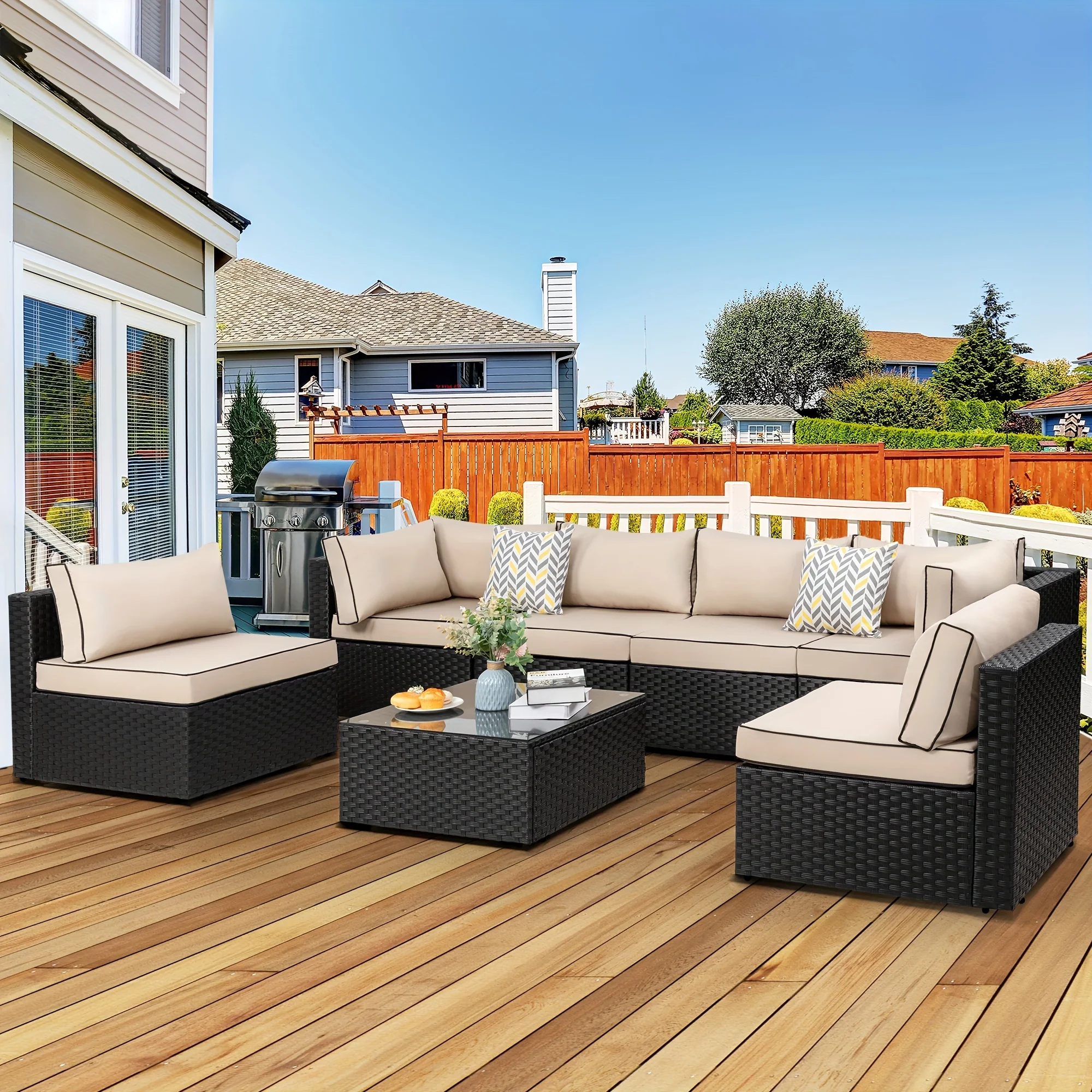 7-piece outdoor patio sectional furniture set with wicker rattan and tea table