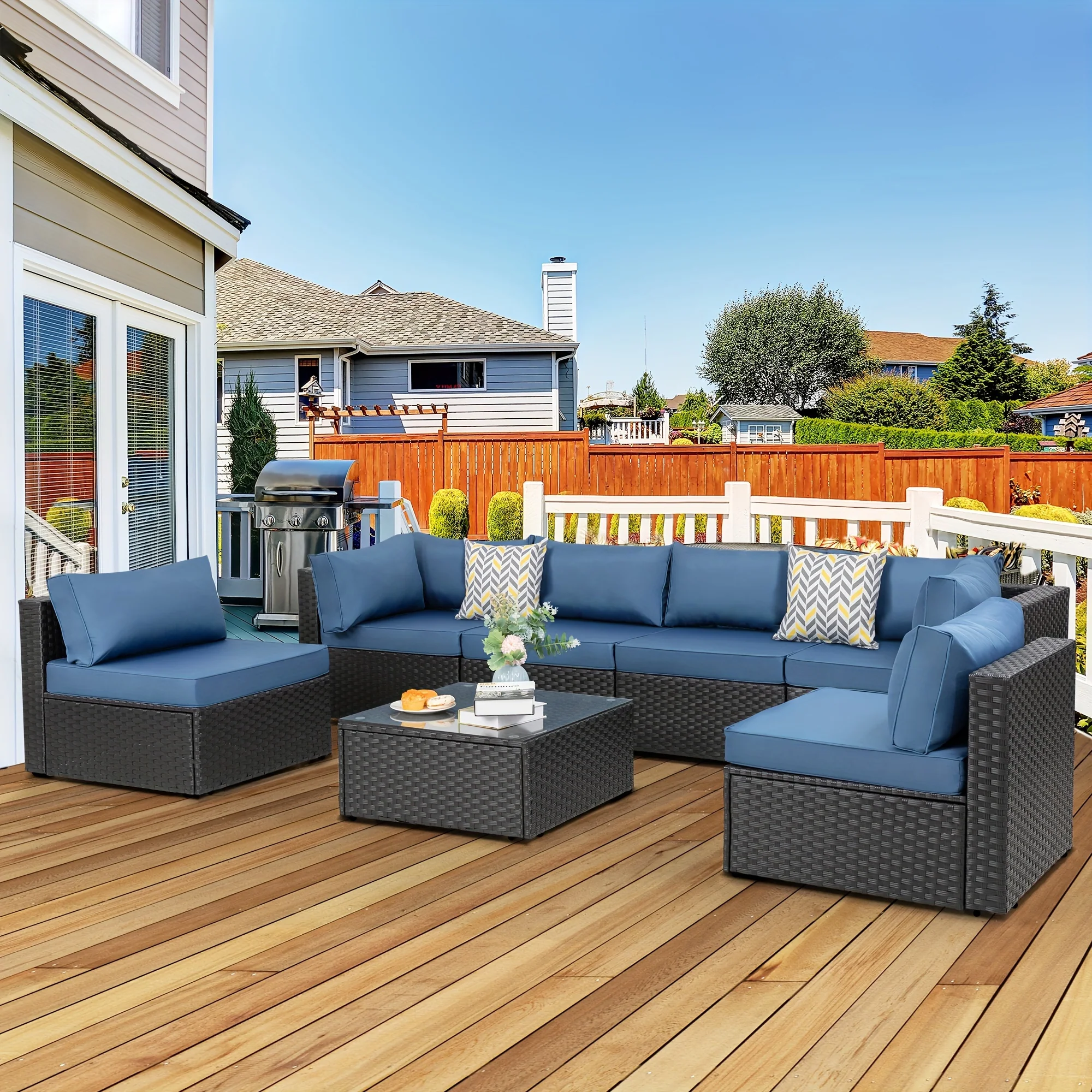 7-piece outdoor patio sectional furniture set with wicker rattan and tea table