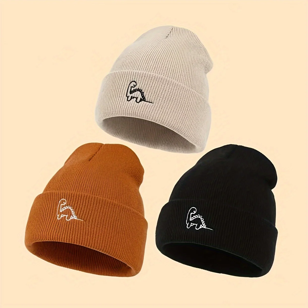 3-piece knit dinosaur beanie set for 0-3 year olds
