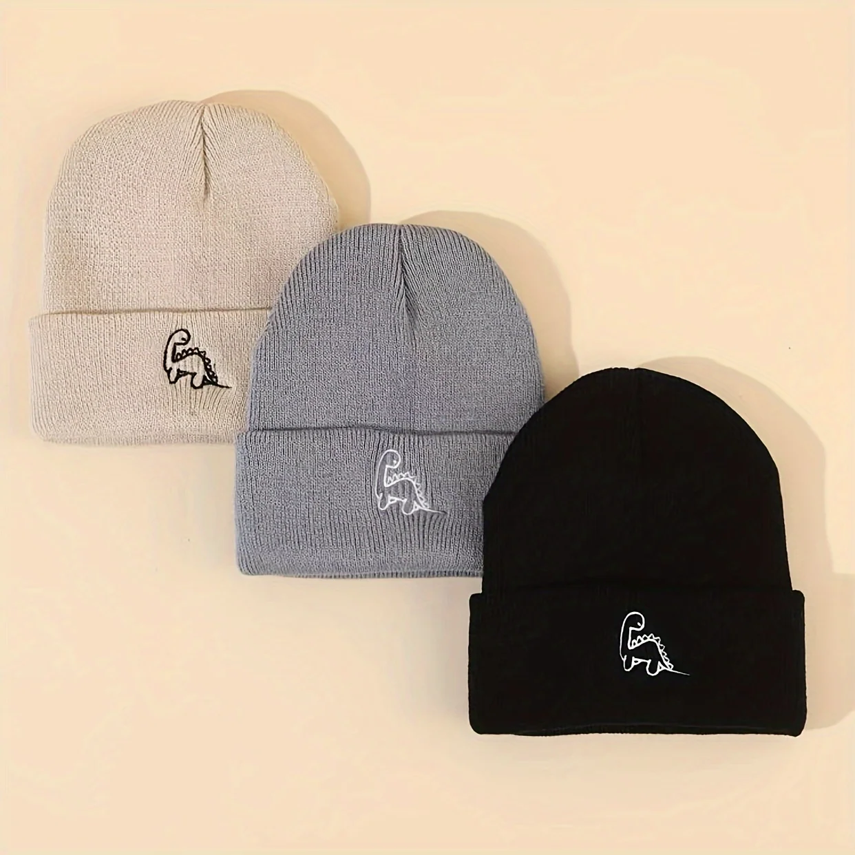 3-piece knit dinosaur beanie set for 0-3 year olds