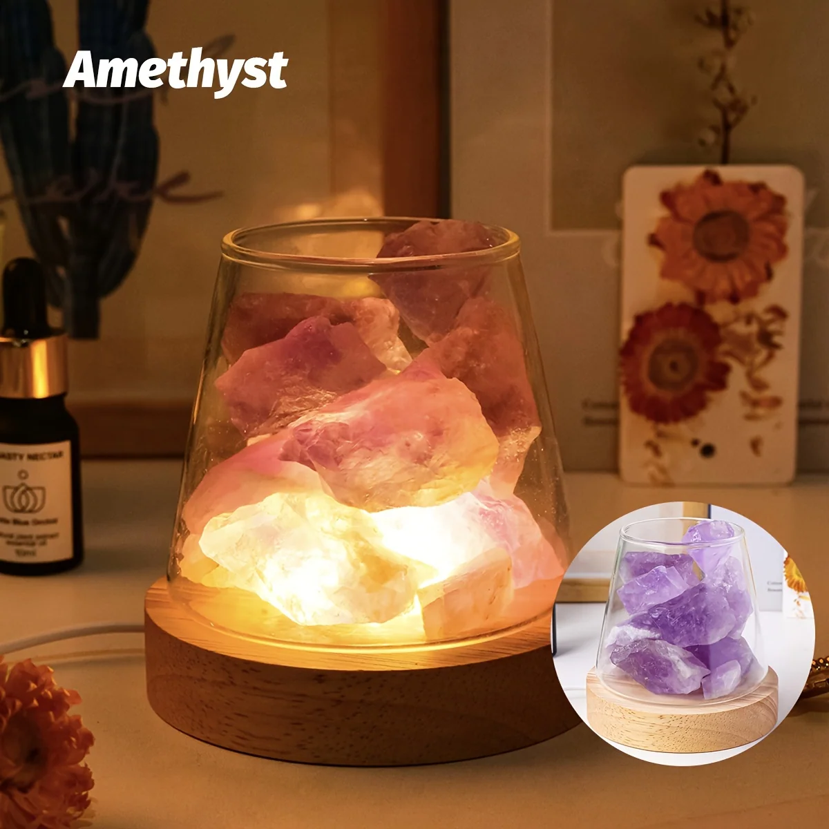 Natural crystal aroma stone diffuser with night light