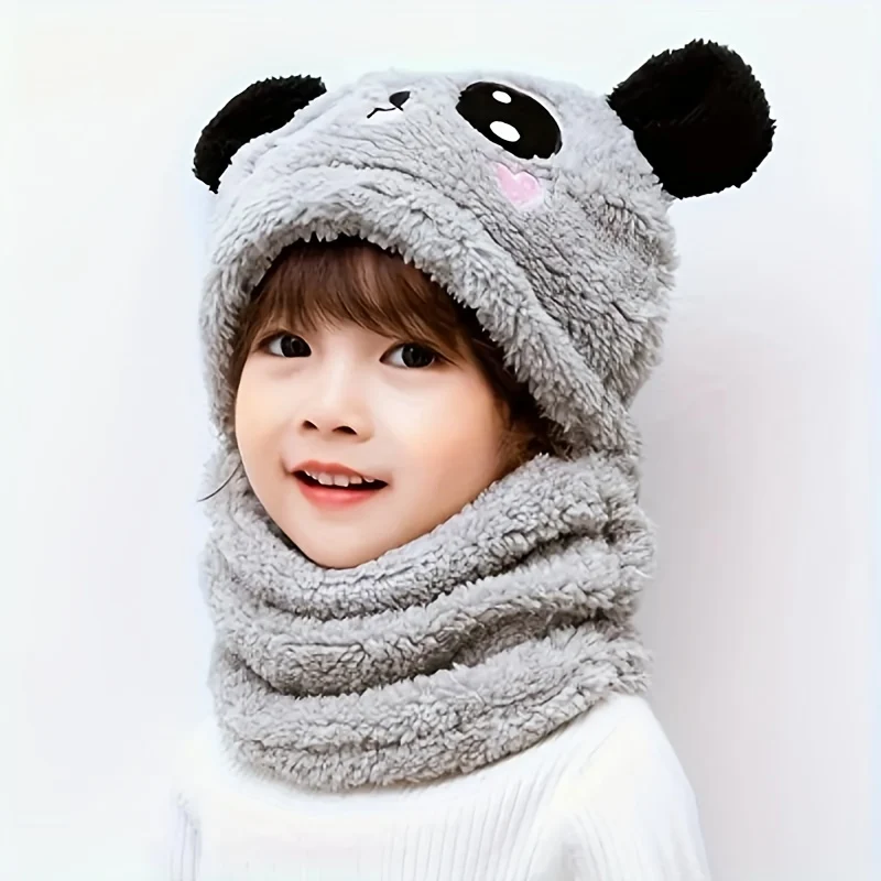 Kids knitted cartoon animal ear warmer hat with thick lining for winter