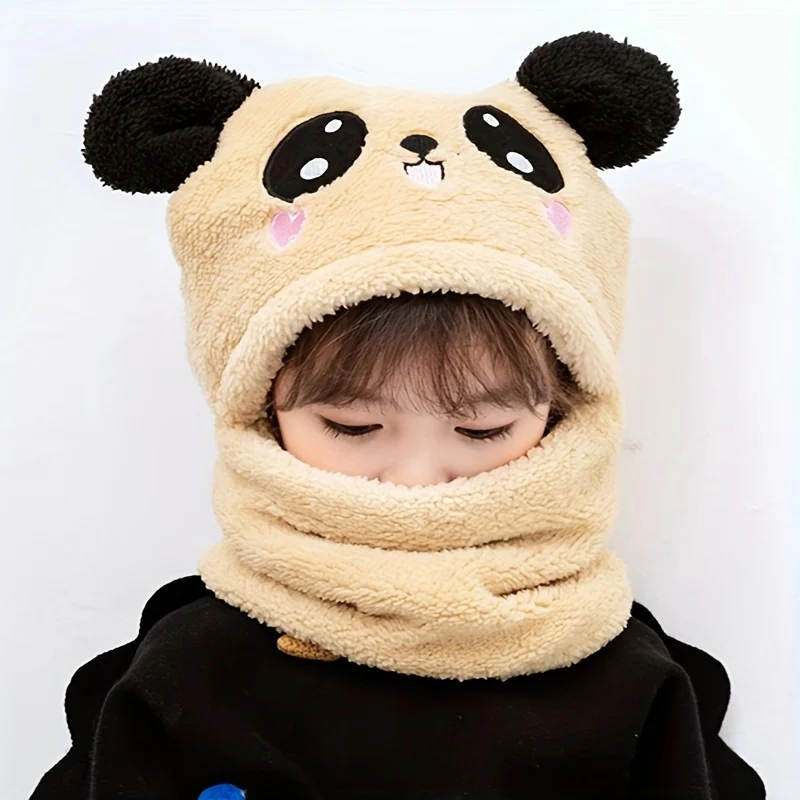 Soft cartoon animal ear beanie for kids with neck warmer