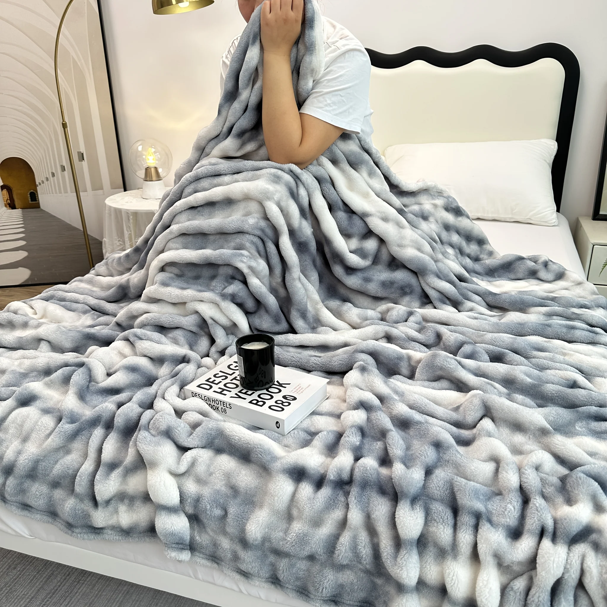 Luxurious faux rabbit fur throw blanket with bubble texture in queen and king sizes