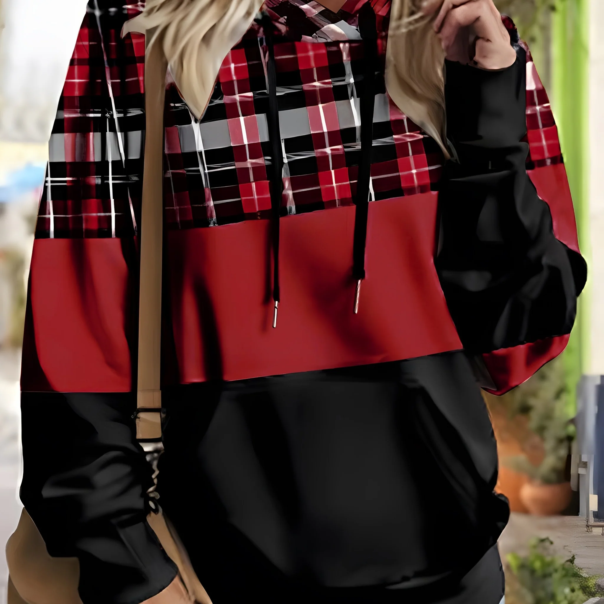 Plus Size Women's Casual Plaid Print Hooded Sweatshirt with Drawstring Hood