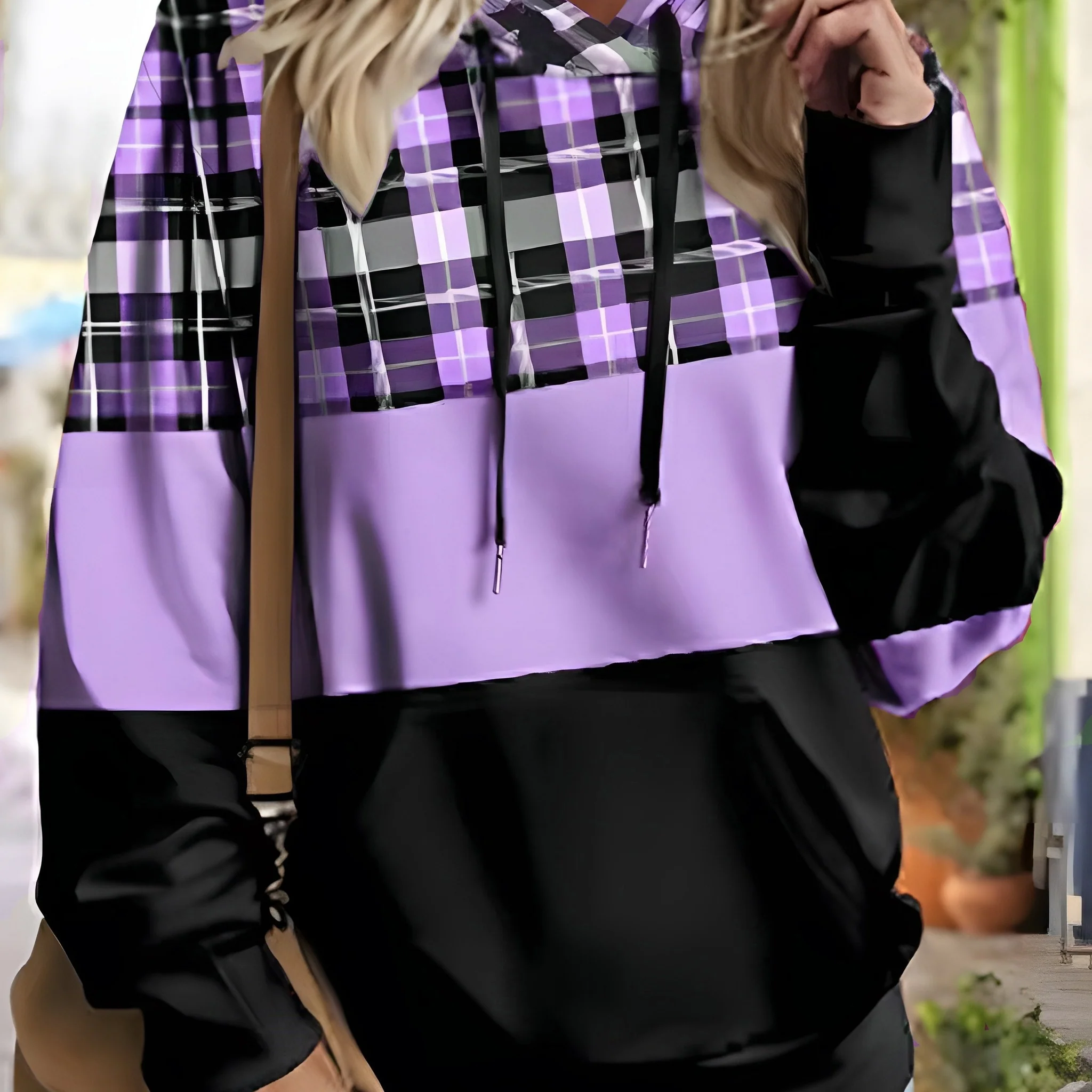 Plus Size Women's Casual Plaid Print Hooded Sweatshirt with Drawstring Hood