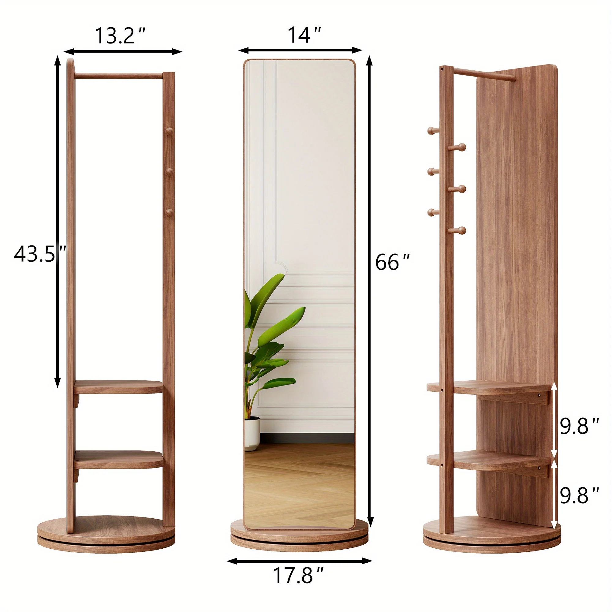 360° Rotating Full-Length Mirror with Storage Shelf and Coat Rack