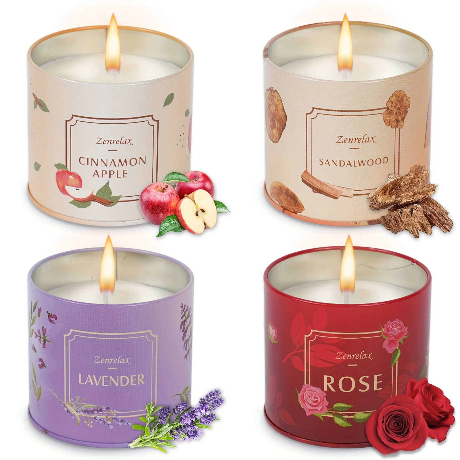 30 oz Scented Candle Set – Rose, Sandalwood, Cinnamon, Apple & Lavender in Metal Jars