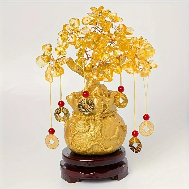 Golden Resin Wealth Tree with Crystal Leaves for Home Decor