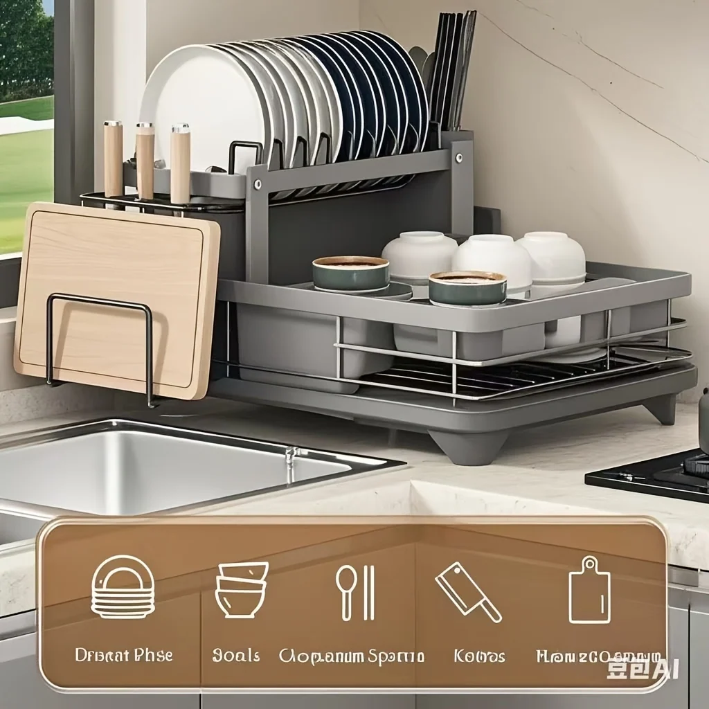 2-tier kitchen dish drying rack with drainboard and utensil organizer