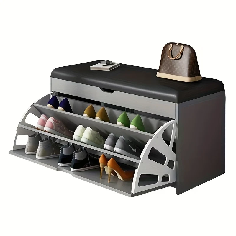 Shoe Bench with Flip-Drawer and Cushioned Seat for Entryway Storage
