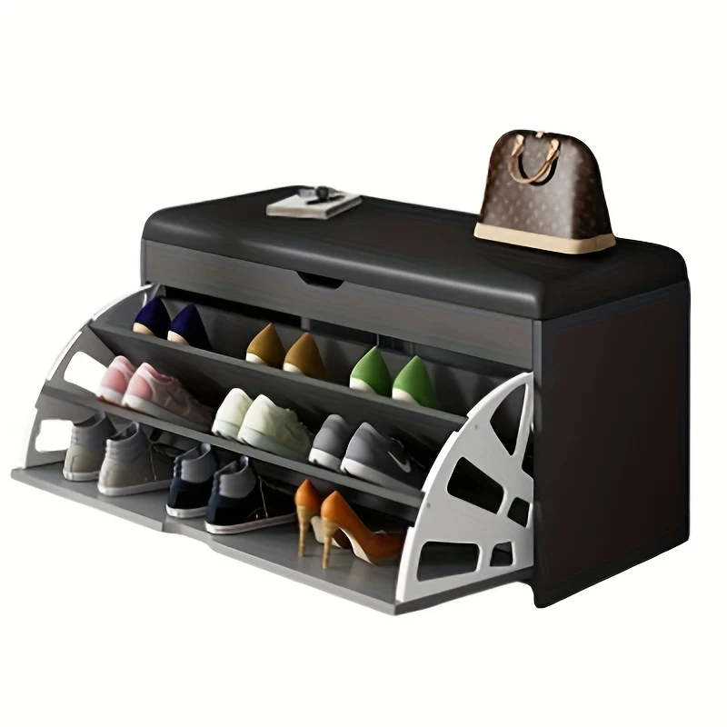 Shoe Bench with Flip-Drawer and Cushioned Seat for Entryway Storage