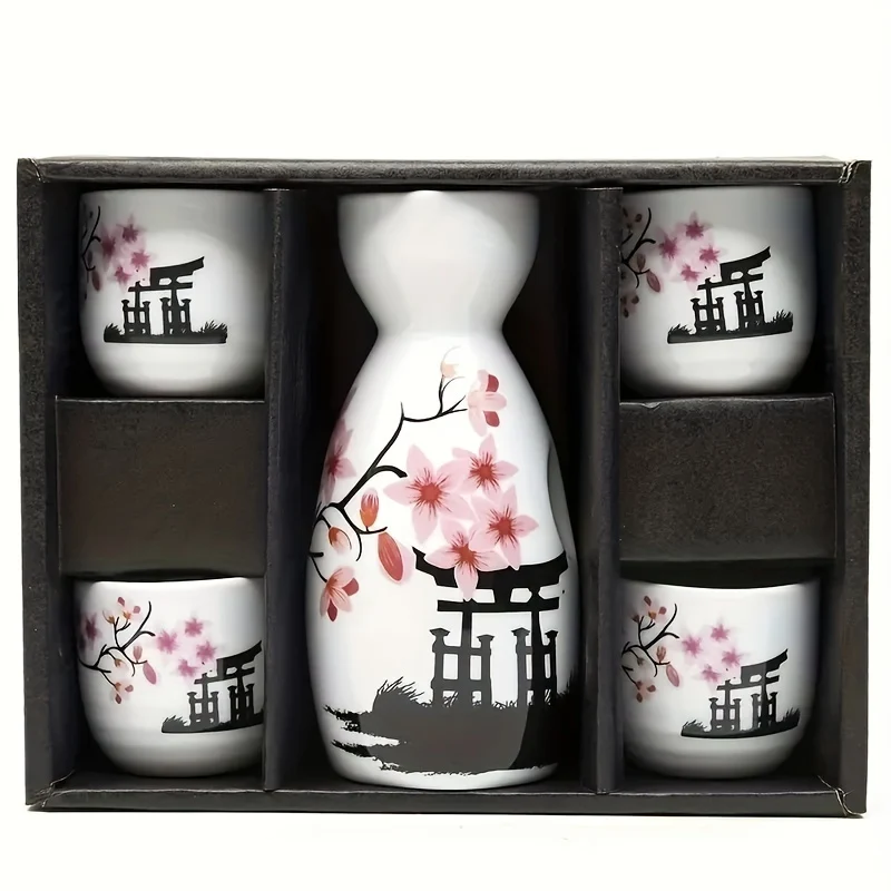 Set of Five Hand-Painted Ceramic Sake Cups and Bottle with Cherry Blossom Design