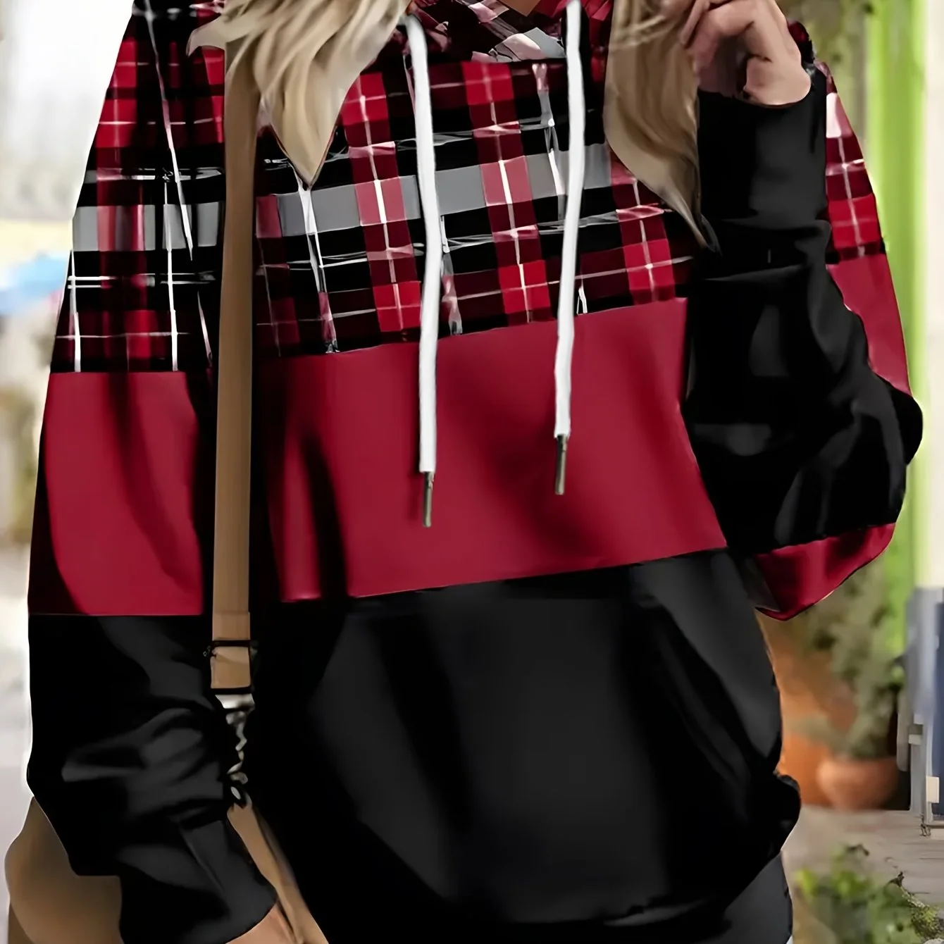 Red Plus Size Geometric Print Hooded Sweatshirt for Women