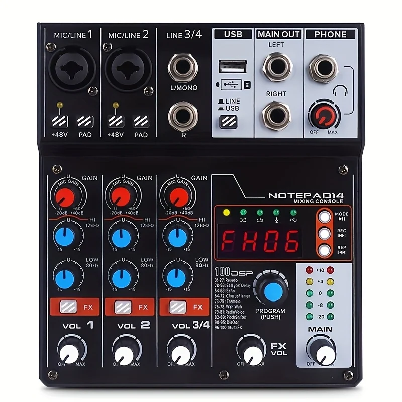 4-Channel DJ Audio Mixer with USB and SD Card Recording