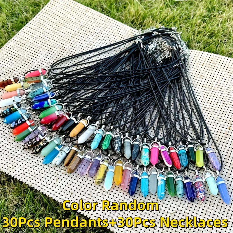 Assorted Hexagonal Crystal Stone Pendants with Black Leather Necklace Chain – 60 Pieces (30 Sets)