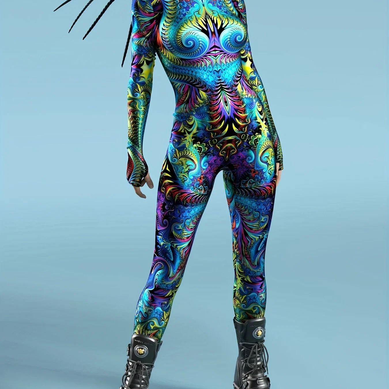 Psychedelic Fractal Print Spandex Bodysuit – High Neck, Long Sleeve, Women's Costume