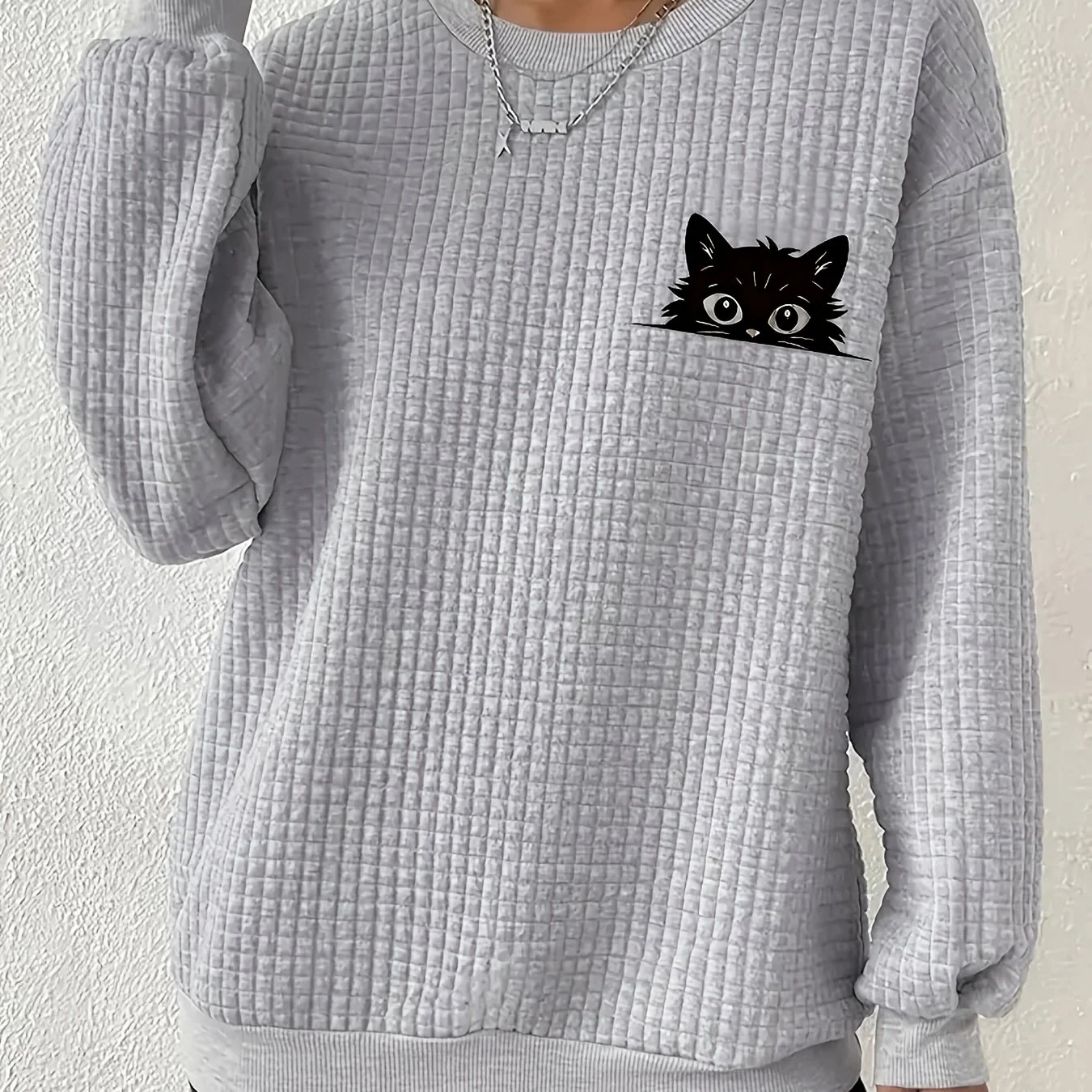 Plus size women’s long sleeve cat print waffle knit sweatshirt
