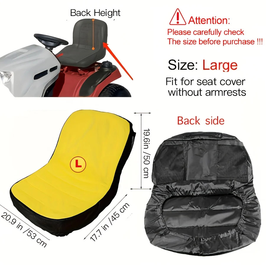 Riding lawn mower seat cover without armrests in yellow, 3 sizes available