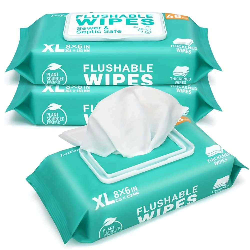 Extra Large Flushable Wet Wipes, 144 Count (3 Packs of 48) – Soft & Thickened for Comfortable Cleaning