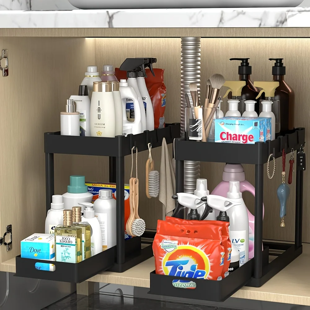 Under sink organizer 2-pack with sliding baskets and hooks