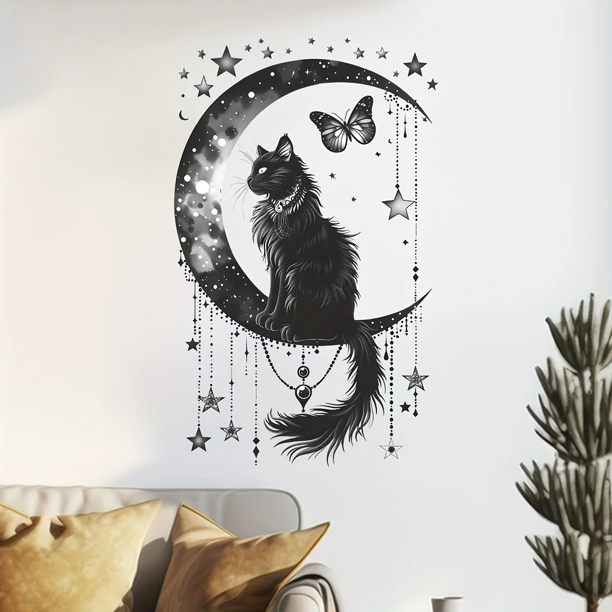 Black Cat and Moon Butterfly Wall Sticker