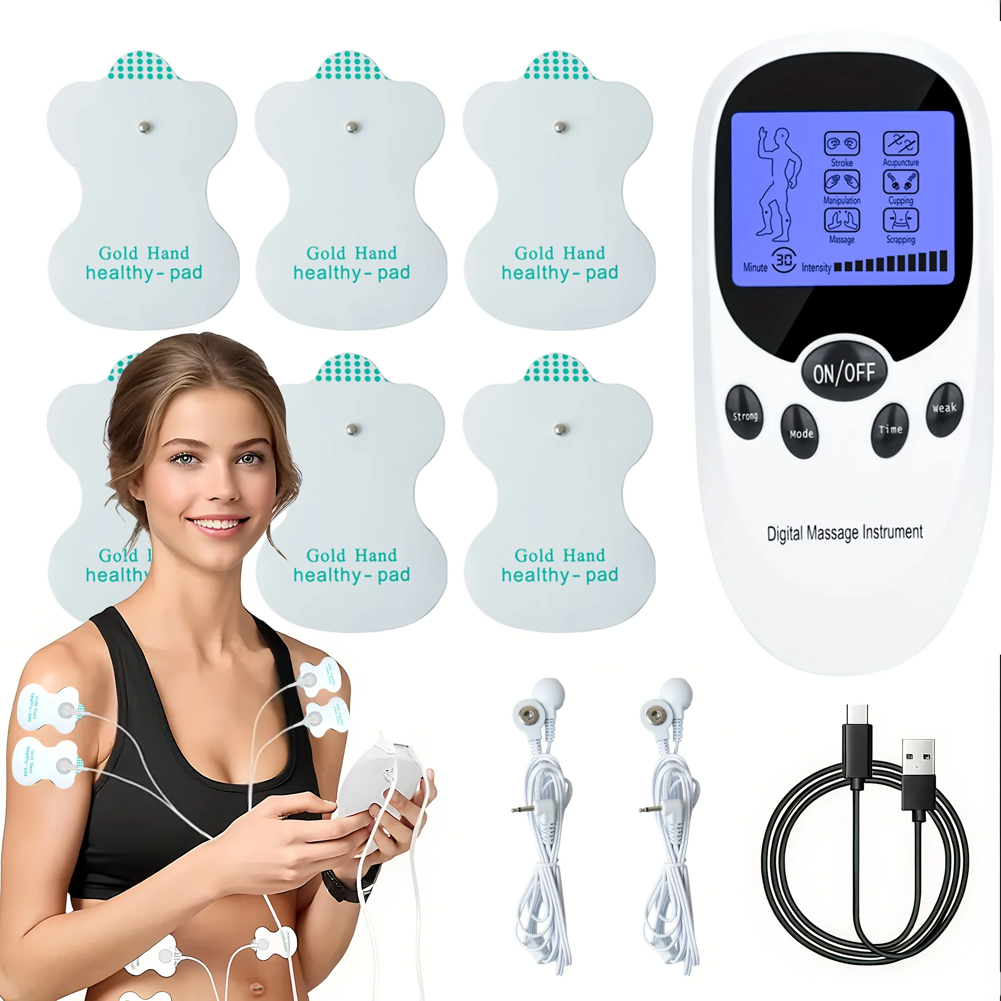 Portable TENS and EMS muscle stimulator with 8 electrodes