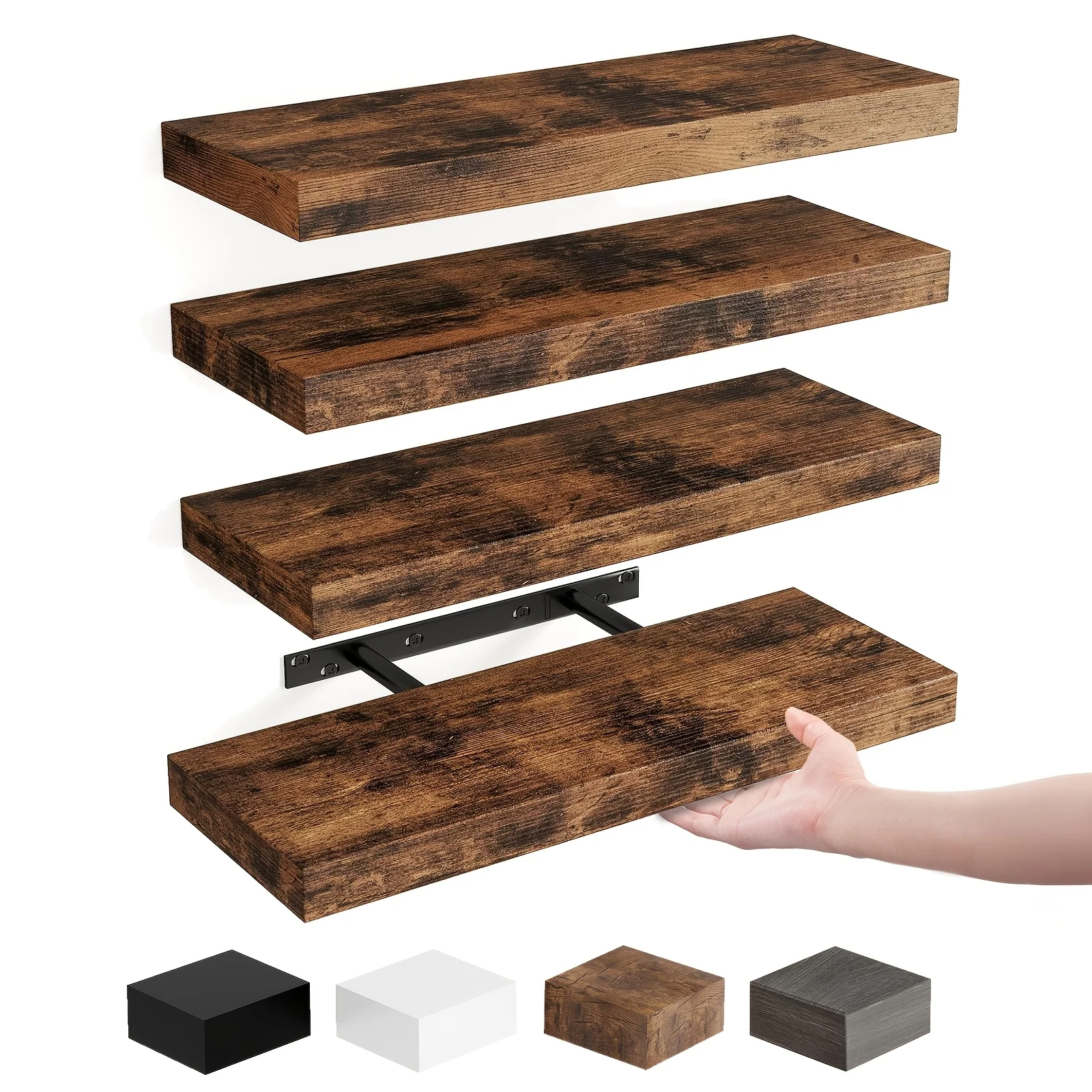 Rustic floating wall shelves with invisible brackets in brown or black finish