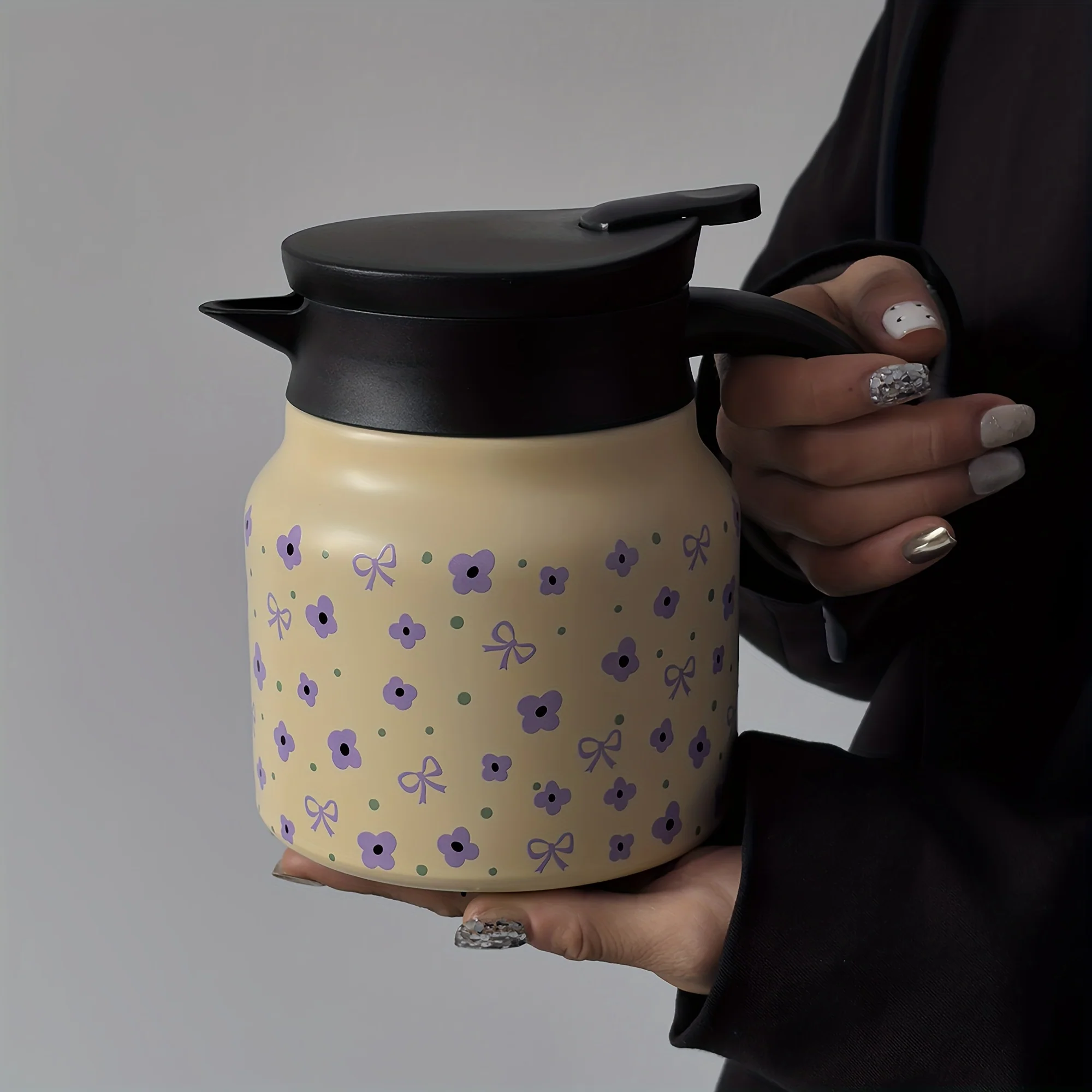 27.05 oz Double‑Layer Stainless Steel Thermos with Purple Flower Bow Pattern – Keeps Coffee Hot or Cold