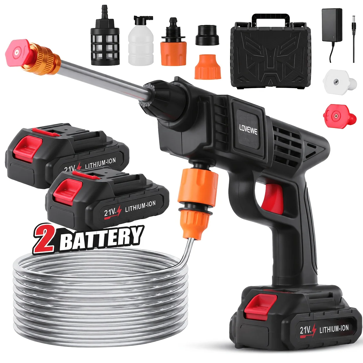300W cordless car wash with 6-in-1 nozzle and foam gun