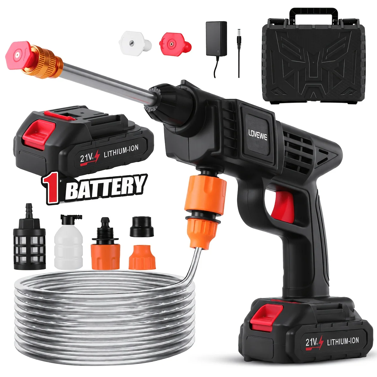 300W cordless car wash with 6-in-1 nozzle and foam gun