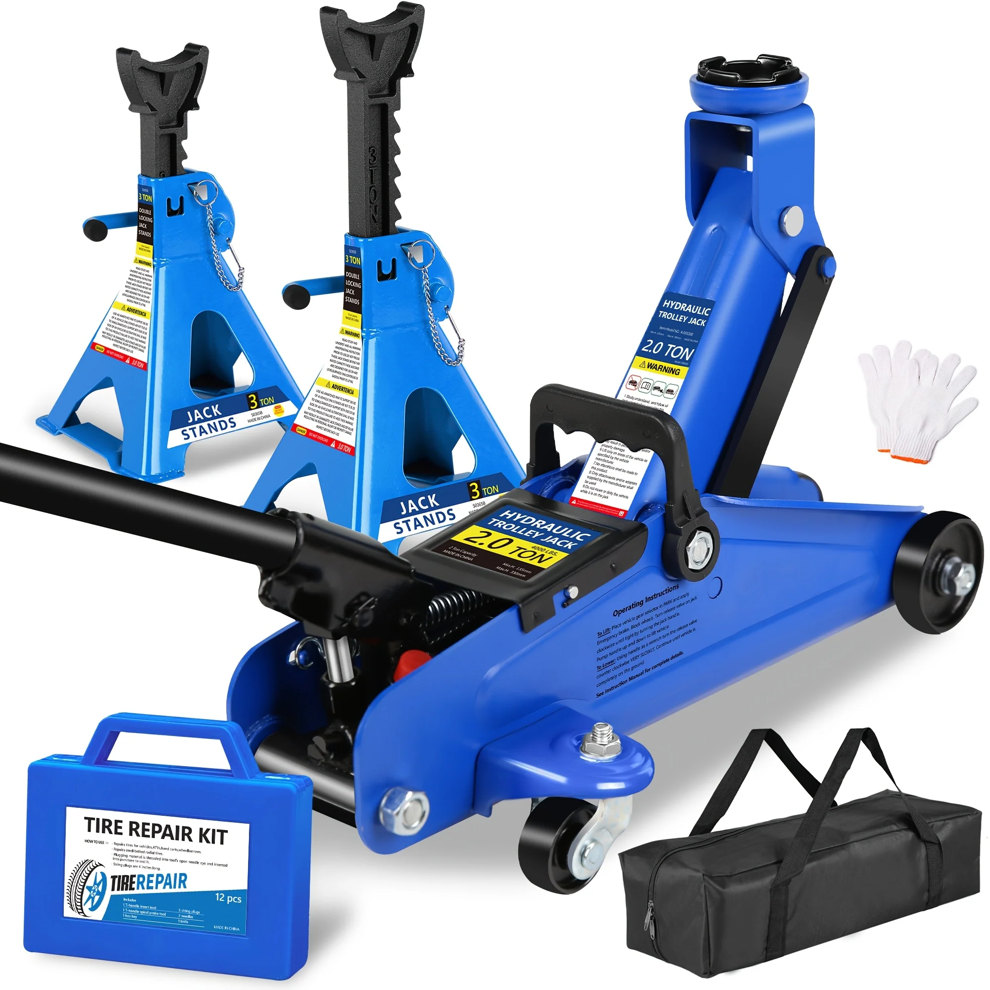 3-ton floor car jack with jack stands and tire repair kit for garage use